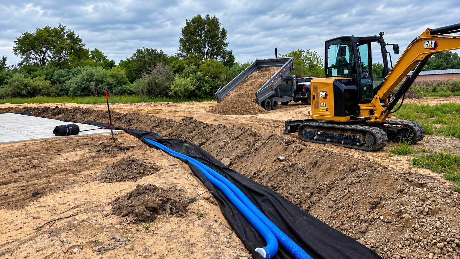 Mini excavator installing drainage pipe in a fabric-lined trench